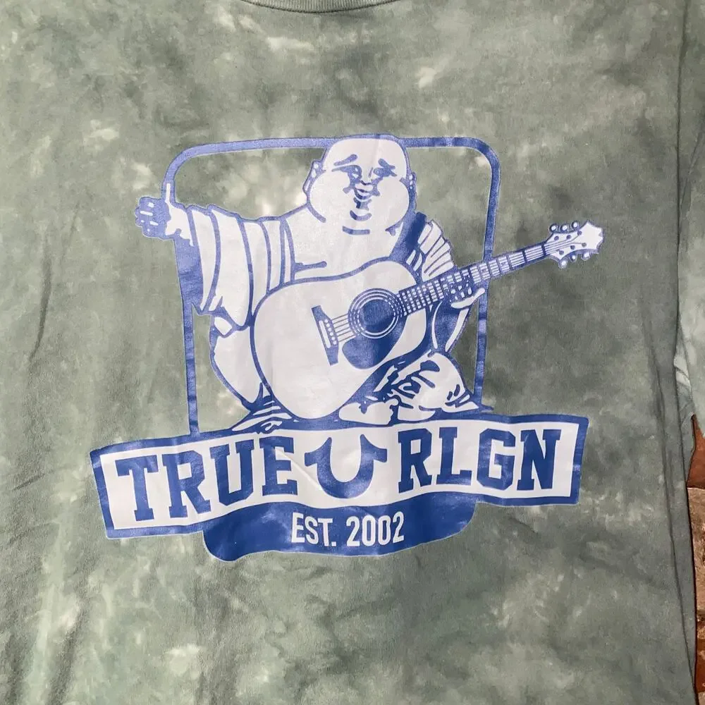 True Religion Green Tie Dye Buddha Logo Short Sleeve Tee T-Shirt Mens Size Large